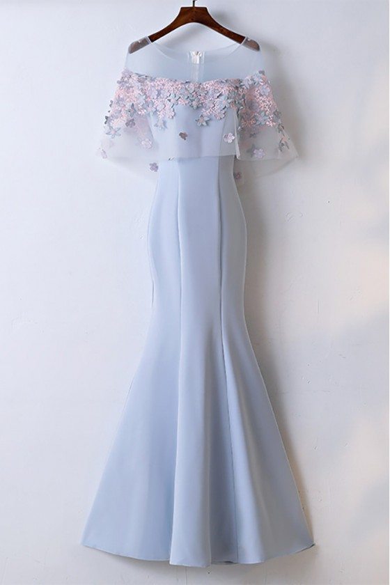 Pretty Sky Blue Fitted Mermaid Long Party Dress With Lace Flowers - MYX18031
