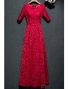 Modest Burgundy Full Lace Long Party Dress With Sleeves - MYX18032