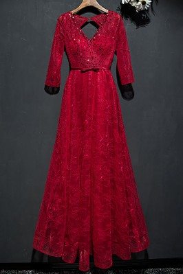 Elegant Burgundy Sequined Lace Party Dress Open Back With Sleeves - MYX18033