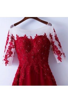 Burgundy Beaded Lace Long Party Dress With Illusion Neckline - MYX18035