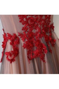 Unique High Neck Black Tulle And Red Lace Prom Dress Sleeveless - MYX18036