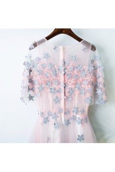 Cute Pink Long Prom Party Dress With Flowers Sleeves For Juniors - MYX18037