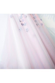 Cute Pink Long Prom Party Dress With Flowers Sleeves For Juniors - MYX18037