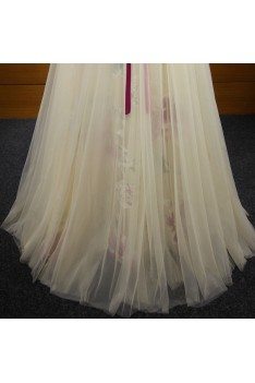 Puffy Champagne Long Prom Dress With Printed Fuschia Petals - AKE18136