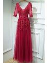 Burgundy V-neck Lace Long Party Dress With Half Sleeves - MYX18041