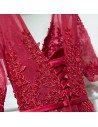 Burgundy V-neck Lace Long Party Dress With Half Sleeves - MYX18041