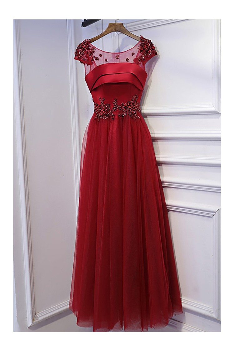 Burgundy Sequined Cap Sleeves Long Prom Party Dress With Tulle - $119. ...