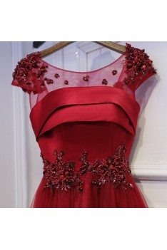 Burgundy Sequined Cap Sleeves Long Prom Party Dress With Tulle - MYX18043