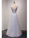 Elegant Bluish-grey Beaded Evening Dress Long With Lace - AKE18134
