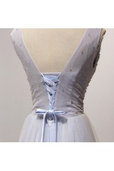 Elegant Bluish-grey Beaded Evening Dress Long With Lace - AKE18134