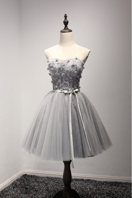 Strapless Short Grey Tulle Graduation Dress With Floral Beading Top ...