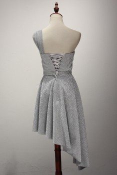 Bling-bling Short Silver Prom Dress In One Shoulder Asymmetrical Length - AKE18132