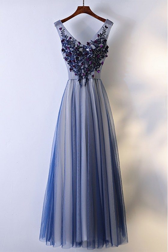 Unique Navy Blue Long Tulle Prom Dress V-neck Sleeveless - MYX18056