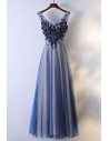 Unique Navy Blue Long Tulle Prom Dress V-neck Sleeveless - MYX18056