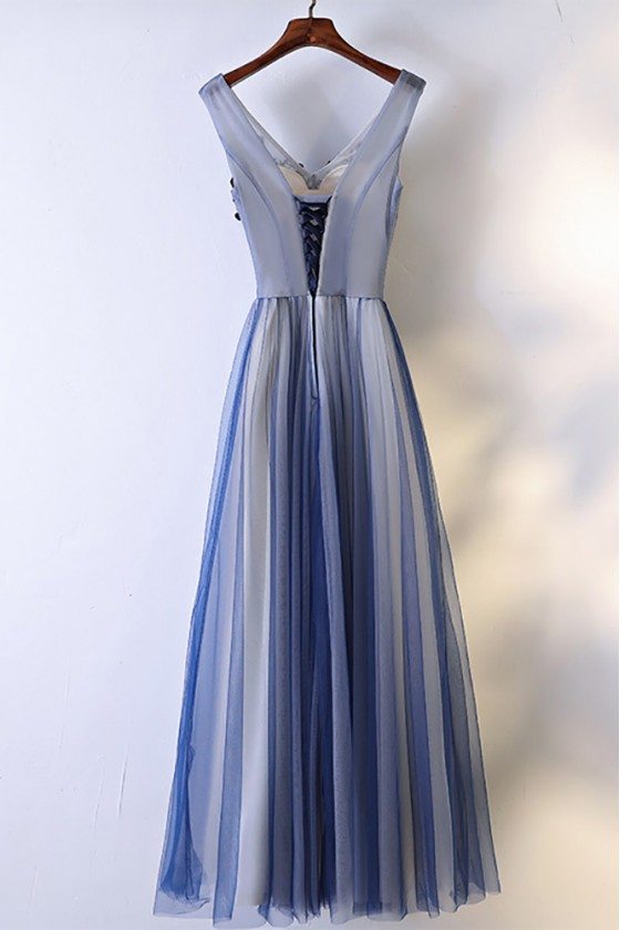Unique Navy Blue Long Tulle Prom Dress V-neck Sleeveless - $129.8 # ...