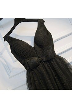 Super Cute Long Black Prom Dress V-neck With Tiered Tulle - MYX18057