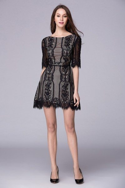 Lace Half Sleeve Short Party Dress With Open Back