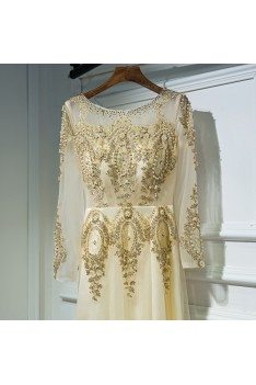 Luxury Long Gold Embroidery Prom Formal Dress With Long Sleeves - MYX18058