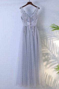 Grey Beaded Long Tulle Prom Dress V-neck Sleeveless - MYX18062