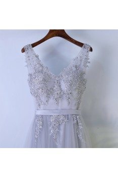 Grey Beaded Long Tulle Prom Dress V-neck Sleeveless - MYX18062