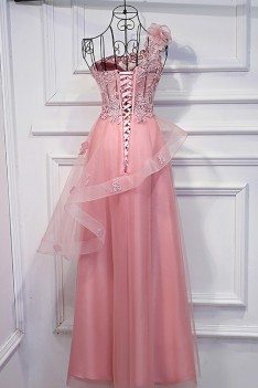 Super Cute Pink One Shoulder Prom Dress Long With Applique Lace - MYX18063