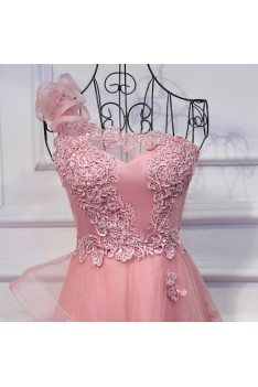 Super Cute Pink One Shoulder Prom Dress Long With Applique Lace - MYX18063