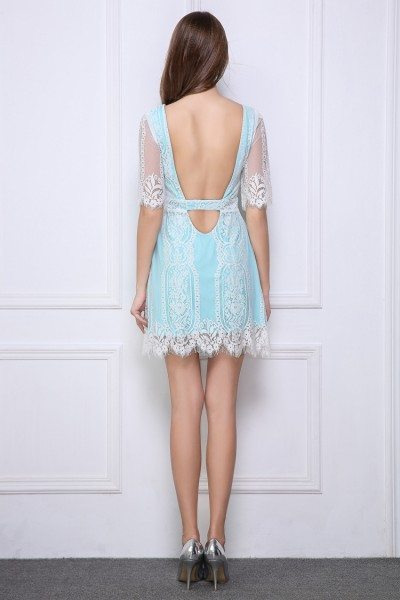 Lace Half Sleeve Short Party Dress With Open Back - $78 #DK346 ...