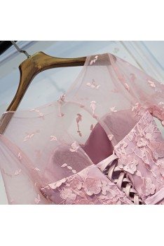 Unique Pink Applique Lace Party Dress With Illusion Neckline - MYX18071