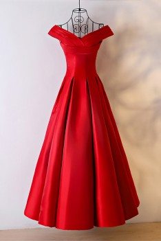 Simple Red Satin Ballgown Formal Dress With Off Shoulder - MYX18072