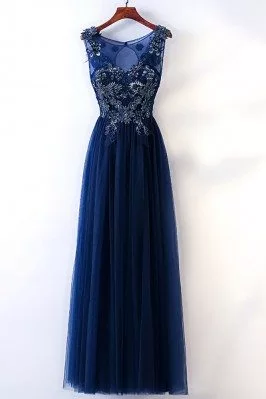Long Navy Blue Tulle Prom Dress With Embroidery Sleeveless - MYX18074