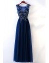 Long Navy Blue Tulle Prom Dress With Embroidery Sleeveless - MYX18074