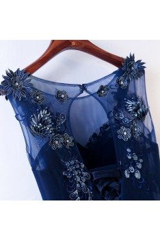 Long Navy Blue Tulle Prom Dress With Embroidery Sleeveless - MYX18074