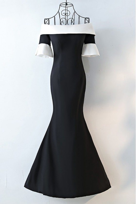 Chic Black And White Off Shoulder Prom Dress Long Fitted Mermaid - MYX18075