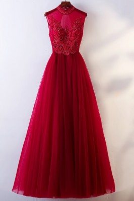 Vintage Chic High Neck Burgundy Prom Dress With Tulle Sleeveless - MYX18077