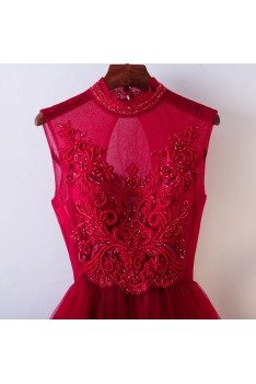 Vintage Chic High Neck Burgundy Prom Dress With Tulle Sleeveless - MYX18077