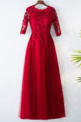 Elegant Lace Round Neck Burgundy Formal Party Dress With Sleeves - MYX18079