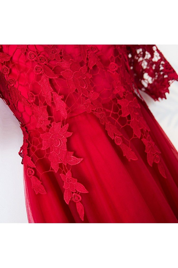 Elegant Lace Round Neck Burgundy Formal Party Dress With Sleeves - $119 ...