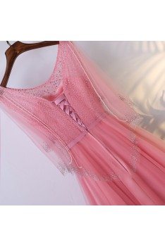 Special Beaded Pink Bling Long Formal Dress With Cape Sleeves - MYX18080