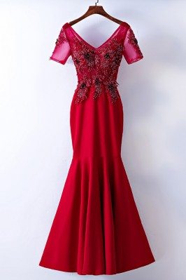 V-neck Tight Burgundy Mermaid Formal Dress With Short Sleeves - MYX18081