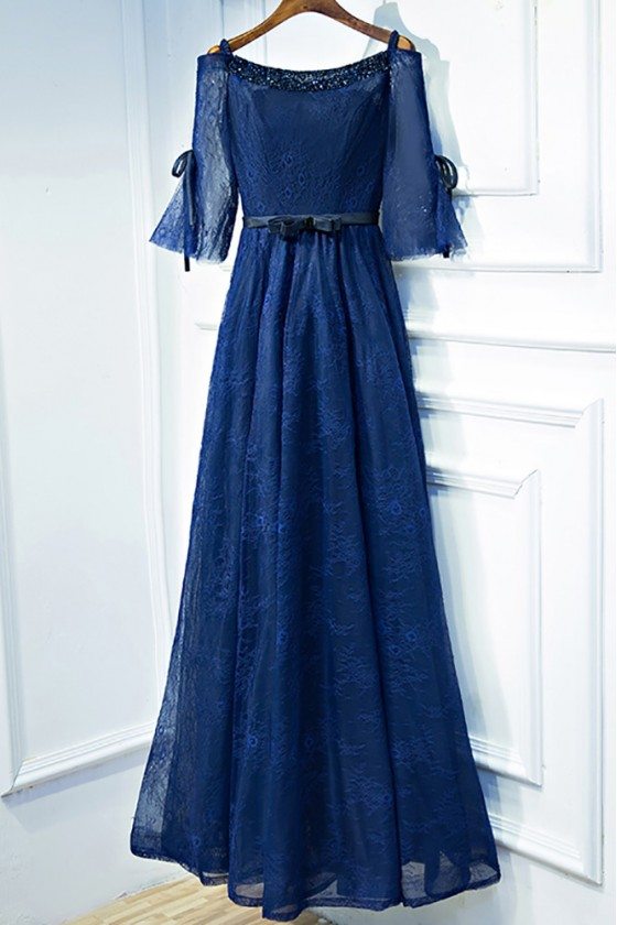 Beautiful Navy Blue Lace Long Formal Prom Dress With Sleeves - MYX18083
