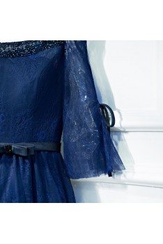 Beautiful Navy Blue Lace Long Formal Prom Dress With Sleeves - MYX18083