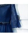 Beautiful Navy Blue Lace Long Formal Prom Dress With Sleeves - MYX18083