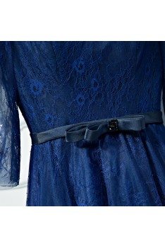Beautiful Navy Blue Lace Long Formal Prom Dress With Sleeves - MYX18083