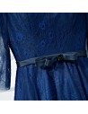 Beautiful Navy Blue Lace Long Formal Prom Dress With Sleeves - MYX18083