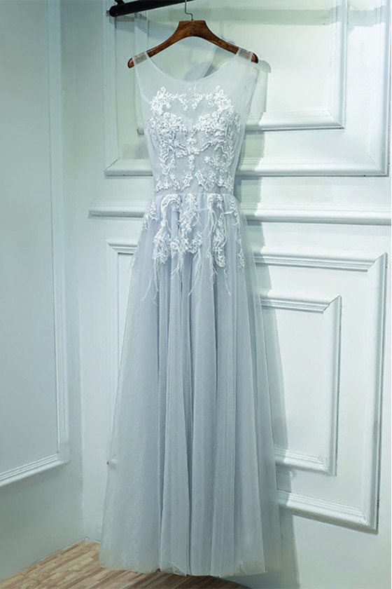 Grey A Line Lace Cheap Prom Dress Long Sleeveless - MYX18084