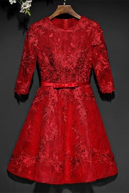 Short Red Lace A Line Party Dress Short With 3/4 Sleeves - MYX18086
