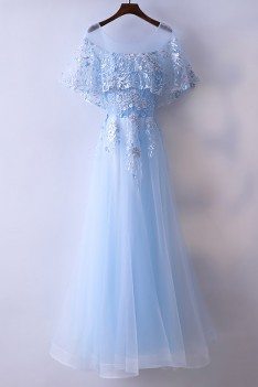 Beautiful Cap Sleeve Blue Prom Dress Long With Tulle - MYX18087