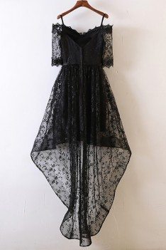 Unique Black High Low Prom Dress Lace With Off Shoulder For Teens - MYX18089