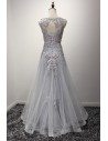 Vintage Dusty Grey Formal Dress Long With Beading Lace Top - AKE18126