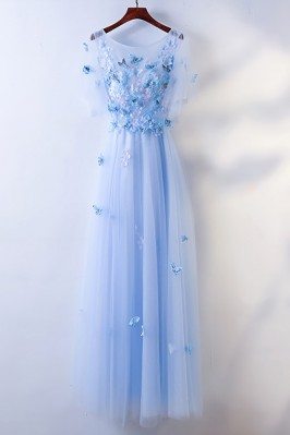 Cute Blue Flowy Long Cheap Prom Dress With Butterflies - MYX18091
